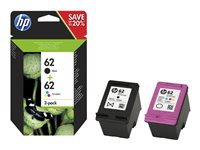HP 62 - 2-pack - pigmentert svart, farge (cyan, magenta, gul) - original - svart, farge (cyan, magenta, gul) - blister - blekkpatron - for ENVY 55XX, 56XX, 76XX; Officejet 200, 250, 57XX, 8040 N9J71AE#301